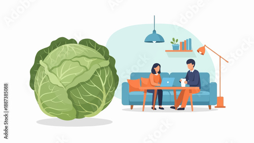 Large green cabbage next to a couple working at home