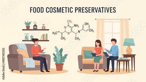 Interior scene with people, plants, furniture, and chemical formula