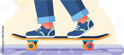 Legs in rolled-up jeans and sneakers ride a skateboard on a sidewalk