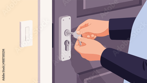 Hands insert key into door lock, light switch visible on wall