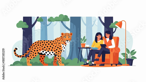 Leopard observes two women reading indoors, with trees in background