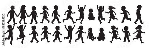 Children silhouettes playing running jumping black