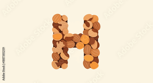 Letter H formed from various nuts and ginger