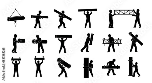 Heavy Lifting Construction Worker Silhouettes Set. Pipeline, Beam, and Scaffolding Manual Labor Pictograms Collection.