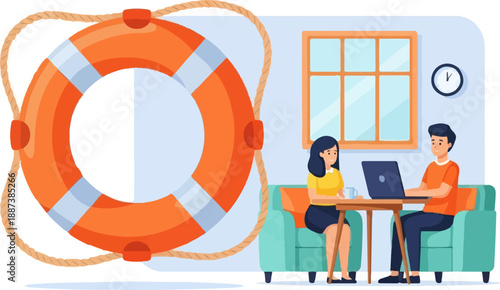 Life buoy, people, laptop, office, teamwork, window, clock