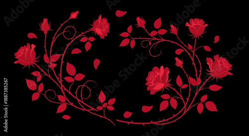 Elegant red rose frame forms a romantic floral wreath on a black background