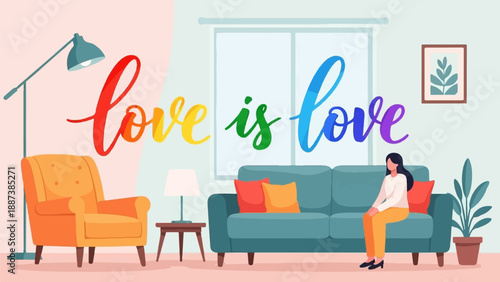Interior scene with rainbow text "love is love" and a person sitting on a sofa