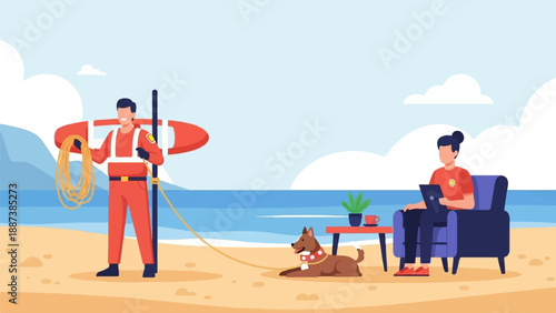 Lifeguard on duty with dog, person relaxes on beach with laptop