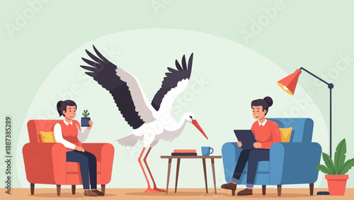 Interior scene with stork, women, furniture, plant, lamp, and books