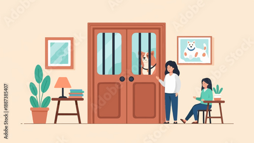 Interior scene with two women, a dog behind a door, and home decor