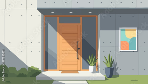 Modern concrete house entrance with wooden door and plants