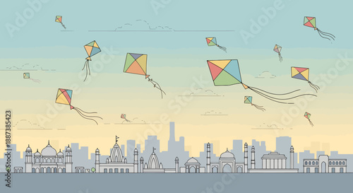 Colorful kites fly high above a detailed city skyline under a gradient sky celebrating outdoor leisure and festive aerial activities