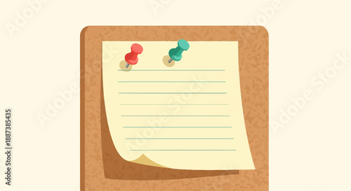 Lined paper pinned to a corkboard with red and blue pins