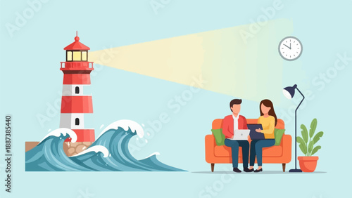 Lighthouse beam shines over couple on couch; waves crash; clock ticks