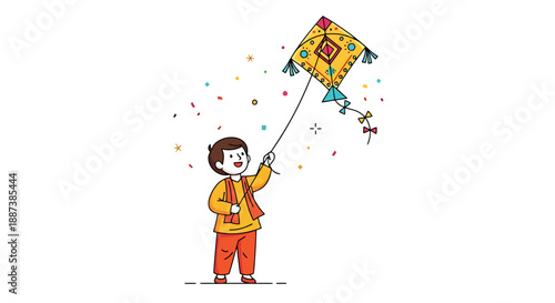Young boy cheerfully flies a colorful patterned kite against a white background with confetti elements symbolizing a celebration or festival