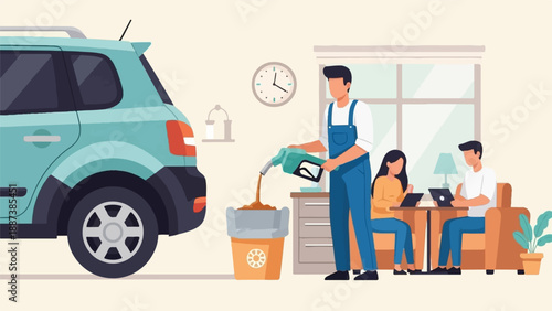Mechanic fuels car while people work on laptops indoors