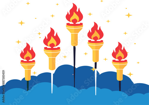 Golden Olympic Torch Illustration with Burning Flames, Celebration Lights and Symbolic Victory Concept Flat Vector Design