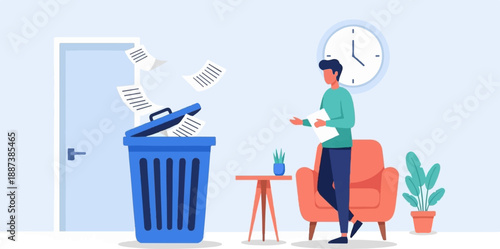 Man discarding papers into a blue bin with a clock on the wall