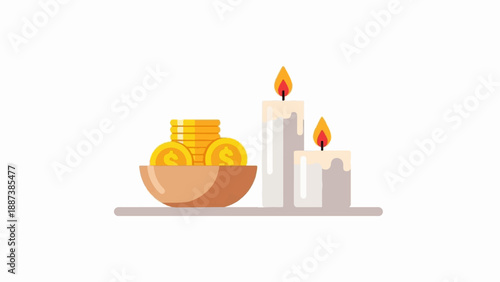 Lit candles beside a wooden bowl filled with gold coins on a grey surface