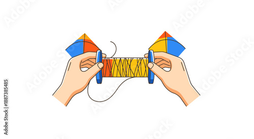 Hands Holding Kite Reels Preparing String For Outdoor Flying Adventure Preparation Connecting Colorful Kite Designs To Spool Winding Material