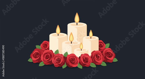 Lit candles surrounded by red roses on a dark background