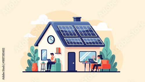 Modern home with solar panels features two people working on laptops