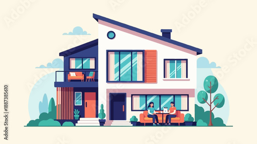 Modern house with balcony and couple enjoying time outdoors