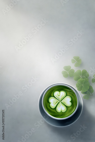 Green Matcha Latte with Clover Leaf Art on Minimal Light Background St Patricks Day Concept