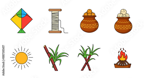 Collection of traditional Indian harvest festival symbols including kite sugarcane sun pot with sweet rice and bonfire for a celebratory mood