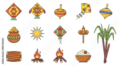 Collection of Traditional Symbols Including Kites Spinning Tops Pot Harvest Festival Elements and Sugarcane For Celebration Design Background