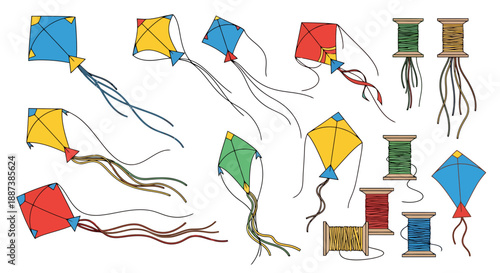 Collection of Traditional Diamond and Square Shaped Kites with Colorful Ribbons and Thread Spools Isolated on White Background for Outdoor Recreation