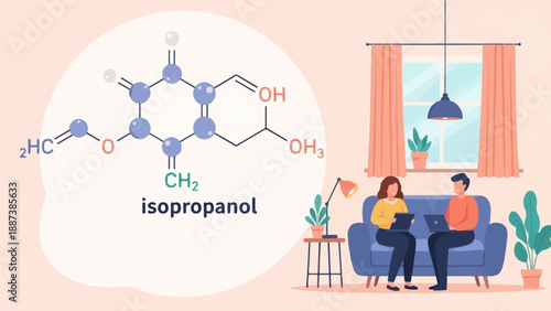 Molecular structure with people working on laptops in a living room
