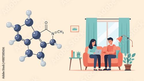 Molecule model and couple using laptop in a living room