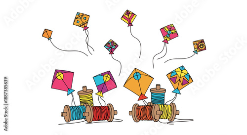 Colorful kites and spools of string ascend into the air celebrating outdoor recreation and festive activities with a joyful presentation