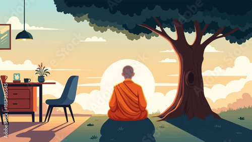 Monk meditates outdoors near a desk and chair at sunrise