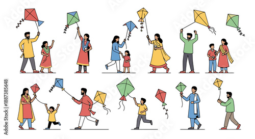 Asian People Celebrating Outdoor Festival Flying Colorful Kites on Sunny Day Diverse Families Enjoying Traditional Activity Together