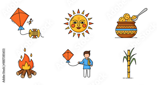 Collection Of Icons Representing Kite Flying Bonfire Sun And Sweet Food Items For Celebration And Festival Concepts In A Line Art Style