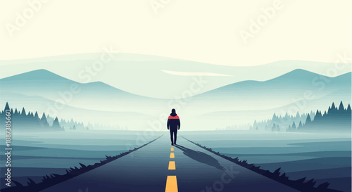 Lone figure walks down a misty, mountain road at dawn