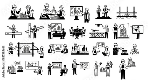 Professional Engineering and Construction Icons Set. Architecture, Planning, Surveying, and Project Management Vector Illustrations.