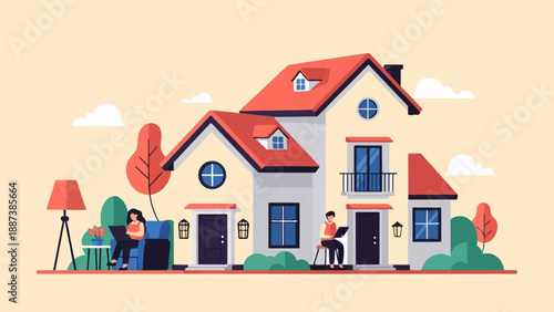 Modern illustration of a house with two people working remotely