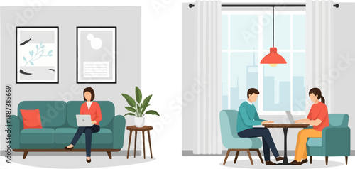 Modern interior scenes with people working on laptops in home and cafe settings