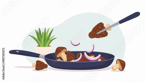 Morel mushrooms and red onion being prepared for cooking in a frying pan