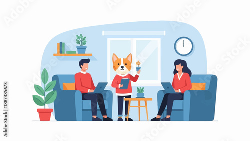 Modern illustration of people and a dog working on laptops in a cozy room