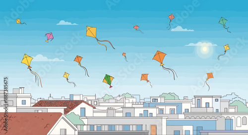 Illustration of colorful kites flying against a bright blue sky over a city rooftop landscape with white buildings and distant clouds on a sunny day