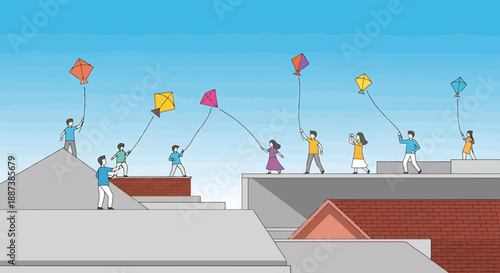 People flying colorful kites from rooftops on a clear day celebrating outdoor activity and community spirit with playful aerial toys in a bright sky
