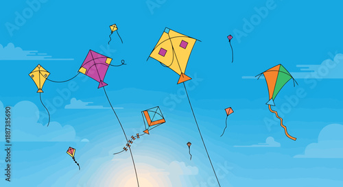 Colorful Kites Soaring High in a Bright Blue Sky on a Sunny Day With Clouds Below