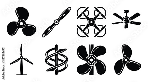 Collection of propellers and rotors vector icons. Turbine, wind turbine, drone, ceiling fan, and pump designs