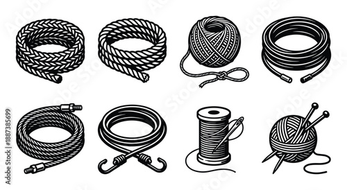 Collection of Rope and Yarn Illustrations: Knitted Coils, Balls, Thread Spools, and Knitting Needles