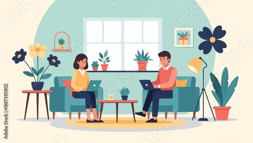 Modern living room scene with two people working on laptops