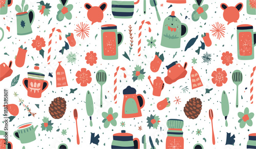 Hand Drawn Cozy Winter Pattern with Mugs, Candy Canes, Mittens, Pinecones and Festive Scandinavian Style Elements Vector